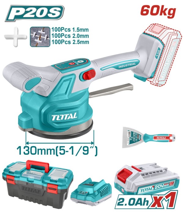 TOTAL - VIBRATOR CU VENTUZA PENTRU PLACI CERAMICE 20V (INCLUDE ACUMULATOR SI INCARCATOR) PowerTool TopQuality