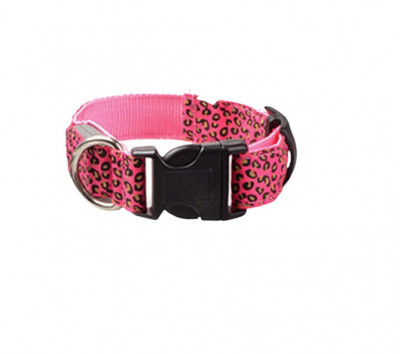 Zgarda LED pentru caini si pisici, model leopard, 40 cm, marimea M, roz foto