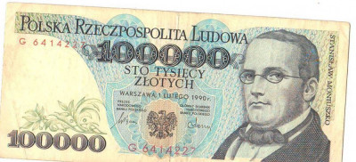 SV * Polonia 100000 ZLOTI / ZLOTYCH 1990 * Stanislaw Moniuszko +/- VF foto