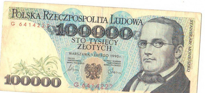 SV * Polonia 100000 ZLOTI / ZLOTYCH 1990 * Stanislaw Moniuszko +/- VF