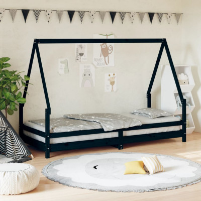 vidaXL Cadru de pat pentru copii, negru, 80x200 cm, lemn masiv de pin foto