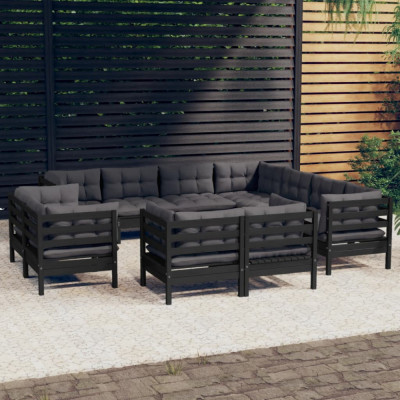 vidaXL Set mobilier grădină cu perne, 11 piese, negru, lemn masiv pin foto