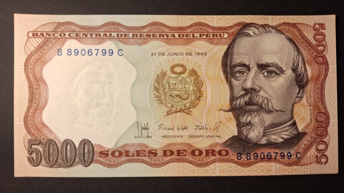 Bancnotă 5000 soles de oro 1985 Peru UNC