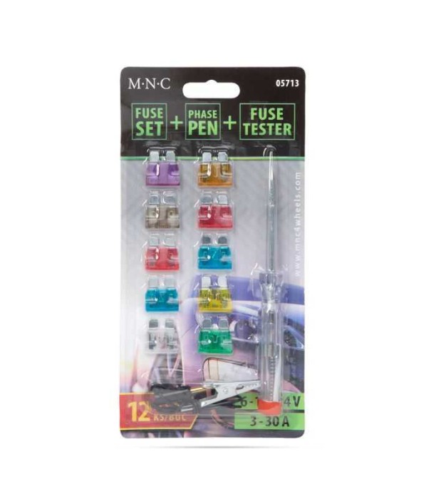 Set 10 sigurante auto 19x13mm 3 5 7.5 10 15 20 25 30A + creion de faza/tester 6-24V M`N`C 05713