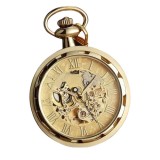 Ceas de buzunar, Gorben, Clasic, Vintage, Skeleton, Mecanic, Lant, Cifre romane, Auriu