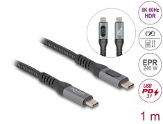 Cablu coaxial de date + incarcare fast USB 4 type C 8K60Hz/240W/PD 3.1 cu afisaj 1m, Delock 86067