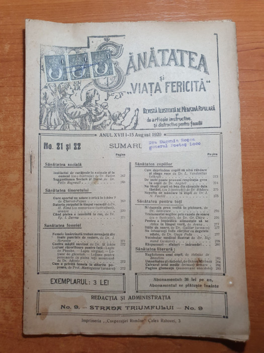 sanatatea si viata fericita 1-15 august 1920-revista de medicina populara