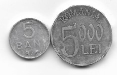 Romania (300) - 5 Bani 1975, 5000 Lei 2002 - monede aluminiu