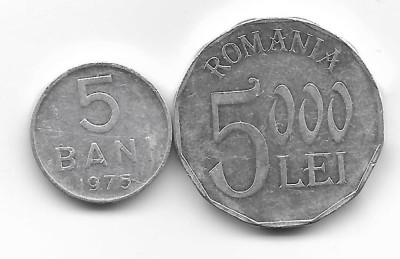 Romania (300) - 5 Bani 1975, 5000 Lei 2002 - monede aluminiu foto