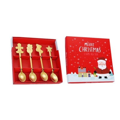 Set 4 Lingurite, Flippy, Tema Craciun, din Otel Inoxidabil, 4 Modele Festive, Cutie Cadou, 14 x 14 x 2.5 cm, Auriu foto