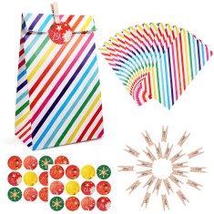 Set de 26 pungi Advent Calendar cu dungi curcubeu, 24 stickere cu numere, 26 de cleme din lemn, perfect pentru personalizarea calendarului din luna de