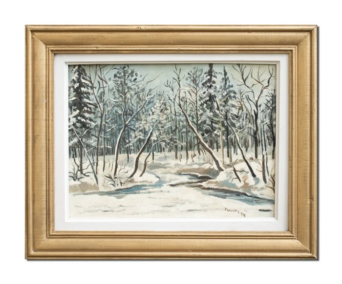 Tablou vechi 1994 pictat manual inramat, Peisaj de iarna, 55x45cm ulei pe panza, Emilian Enache