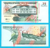 Surinam (p#138) 25 Gulden 1998 UNC 'Campion olimpic la &icirc;not'; (ROG CITITI DETALIILE!); Emisiunea "Clădirea Băncii Centrale"