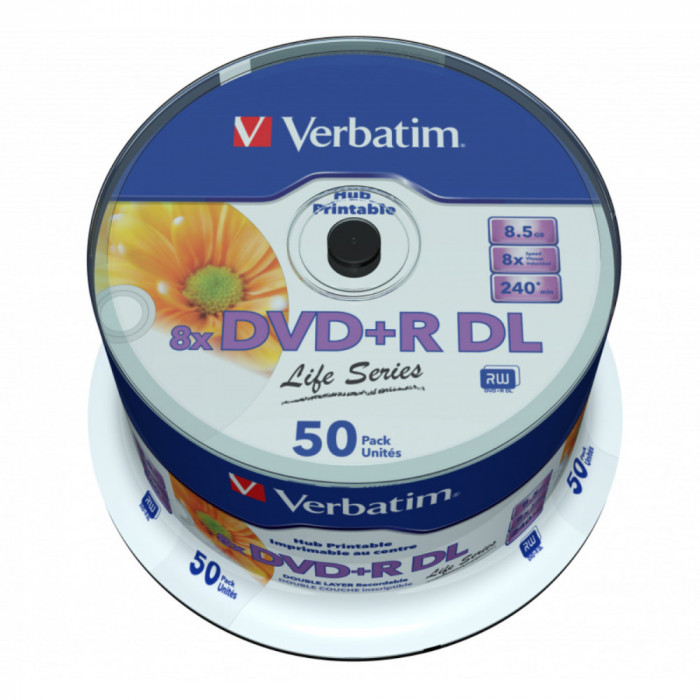 Set 50 DVD+R DL 8.5 Gb 8X Double Layer Printabil , Verbatim Life Series 97693 , inkjet , ambalat cake box