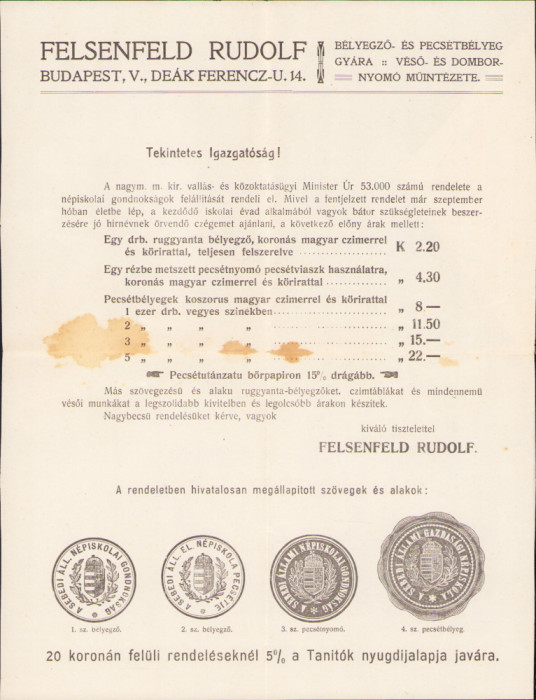 HST A2080 Reclamă firmă sigilii Felsenfeld Rudolf Budapesta ante 1918