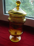 Bomboniera veche sticla galben-auriu, dungi aur coloidal - pe alocuri sterse de