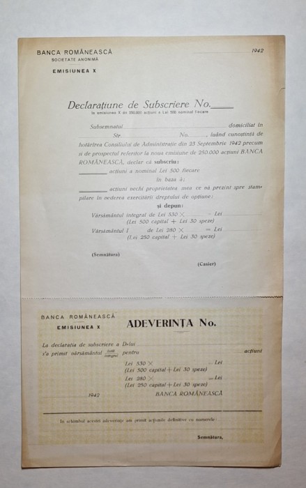 Formular subscriere acţiuni Banca Rom&acirc;nească 1942 Emisiunea X