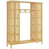 HOMCOM Dulap Deschis din Bambus cu 2 Uși Glisante, Garderobă cu Rafturi și Bară de Haine, 145x35x165 cm, Lemn Natural | Aosom Romania