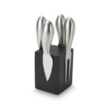 Bloc cutite branza Rominox Novo, 4 piese, suport magnetic, lemn negru, 6 x 6 x 8,5 cm