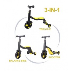 Trotineta Axel, 3 in 1, Negru/Galben, transformabila in tricicleta si balance bike