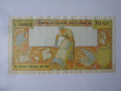 Rara! Franta 50 Nouveaux Francs UNC:Tabacarul-Marochinarie/Articole din piele,bancnota fantezie unifata din anii 60,produsul din imagini foto