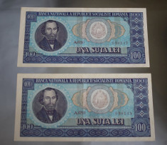 Doua Bancnote Serii Consecutive 100 lei 1966 - una suta lei - A0210 foto