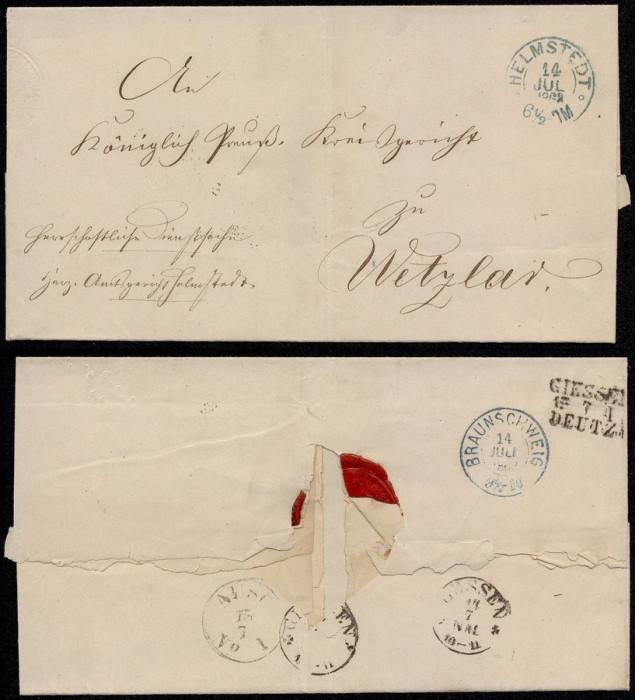 Germany 1862 Postal History Rare Stampless Cover Helmstedt to Wetzlar DB.071