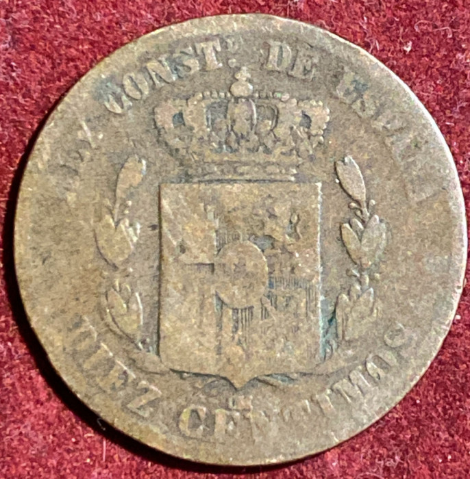 10 CENTIMOS 1878 SPANIA, ALPHONSO AL XII-LEA/ BRONZ,10g si 30mm.