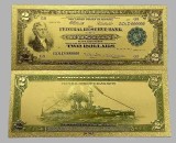 S.U.A. 2 DOLARI 1918 &bdquo;Battleship Note&rdquo; - (REPLICA/REPRODUCERE/SUVENIR/DECORATIVA) POLIMER (PLASTIC) PLACATA CU AUR DE 24K.
