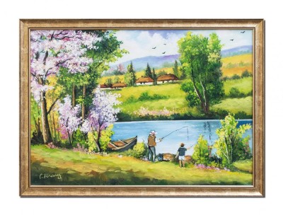 Tablou cu pescari norocosi pictat manual inramat, Fir intins, 75x55cm ulei pe panza, rama din lemn Constantin Feraru foto