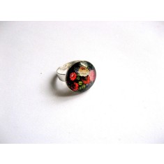 inel sticla reglabil cu model floral pe fundal negru, inel femei 29749