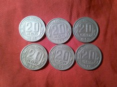 6 Monede URSS 20 kopeici : 1936 ,1937 ,38, 1945 ,1952 ,1956 alama , cal. f.buna