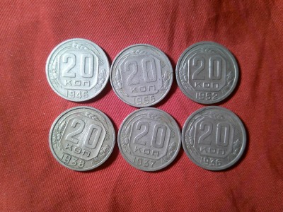 6 Monede URSS 20 kopeici : 1936 ,1937 ,38, 1945 ,1952 ,1956 alama , cal. f.buna foto