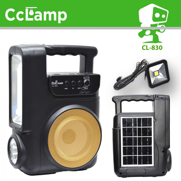 Incarcator Solar Universal CCLAMP CL-830 cu Player Bluetooth, Usb, Card TF, Radio FM, Lanterna si 1 Bec Led Extensibil