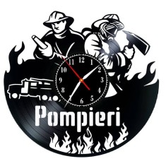 Ceas de Perete Decorativ &ldquo;Firefighter Heroes&rdquo;, din Disc Vinil Reciclat, Design Pompieri și Autospecială, Negru, Mecanism Silențios (Sweep) ( personali