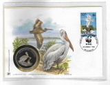 Medalie WWF - Pelicanus Crispus - Romania, 1993, cu plic de prezentare