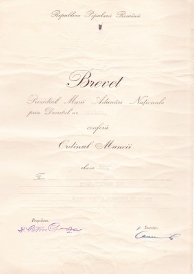 AMS# - BREVET ORDINUL MUNCII CL. III, 1954 foto