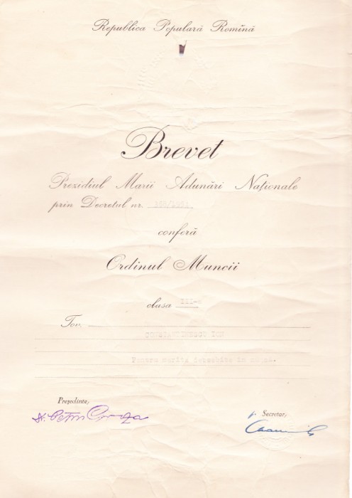 AMS# - BREVET ORDINUL MUNCII CL. III, 1954