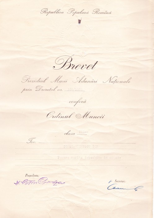 AMS# - BREVET ORDINUL MUNCII CL. III, 1954