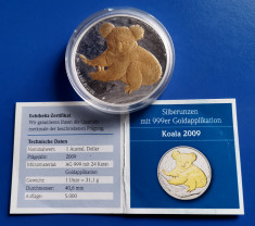 AUSTRALIA 1 Dollar 2009 Koala 31.1 gr. uncie argint 999 placat aur + certificat foto