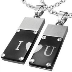 Două pandantive din oțel 316L, dreptunghiuri argintii și negre, I Love You
