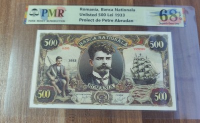 REPRODUCERE pe hartie cu filigran si fire UV proiect bancnota 500 Lei 1933 nr.166 foto