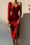 Rochie Rosie de Seara cu Crapatura pe Picior, Conica pe un Umar, Eleganta, Material Elastic, Marimi L, M, XL