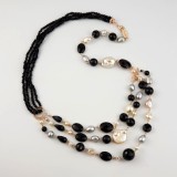Cumpara ieftin Colier Argint 925 Placat Aur Roz cu Agat Negru si Perle de Cultura Diva - Bijuterie Handmade Made in Italy, 57-64cm + Cutie Cadou