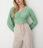 Bluza scurta cu decolteu si model, verde, dama, Mohito