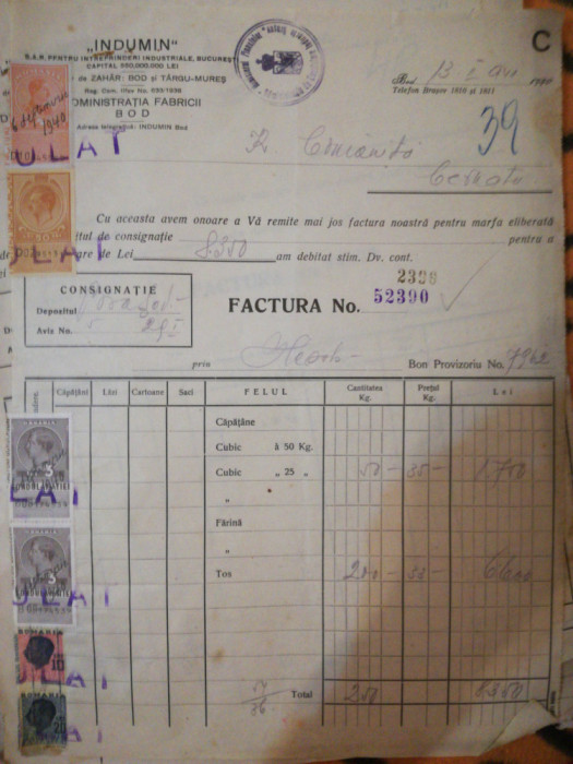 Factura zahar 1941 Indumin Bucuresti Brasov Administratia Fabricii BOD