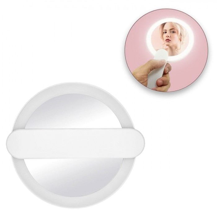 Oglindă Buzunar, LED, M&acirc;ner Retractabil, Diametru 10.5cm, Alb