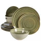 Set farfurii 12 piese, 4 persoane, Sand, Alb Ivoire lucios, gri-verzui