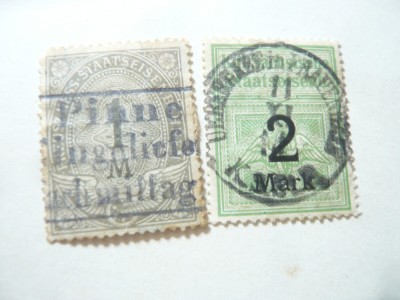 2 Timbre Germania Posta locala privata pt Calea Ferata 1898 1M si 1911 2M foto