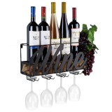 Suport de vin, suspedat, pentru sticle si pahare, din fier, negru, se monteaza pe perete poate sustine pana la 4 pahare de vin si mai multe sticle